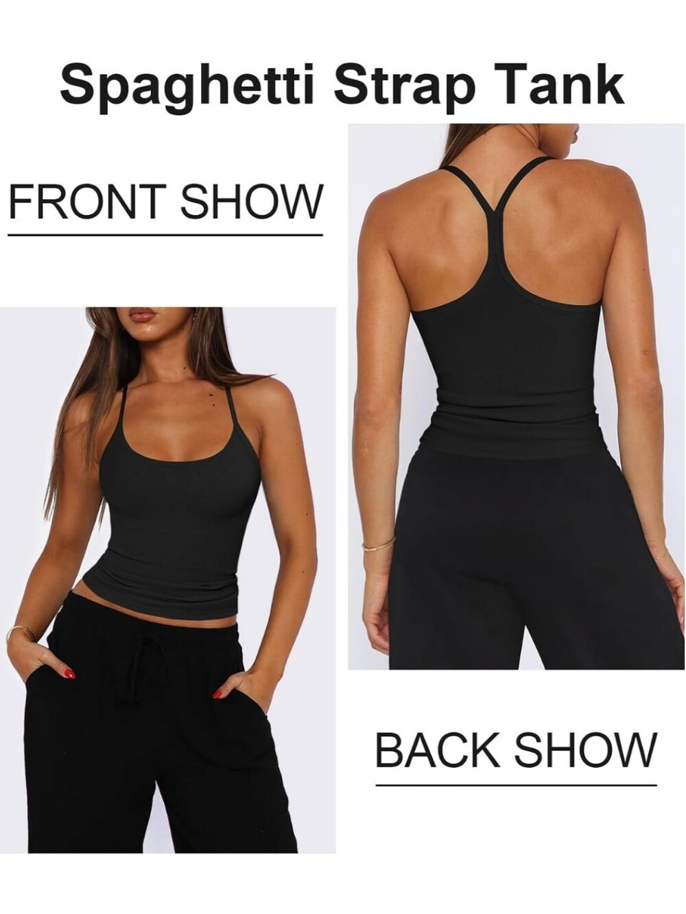Black Racerback Scoop Neck Spaghetti Strap Tank Top - Women Ribbed Fitted